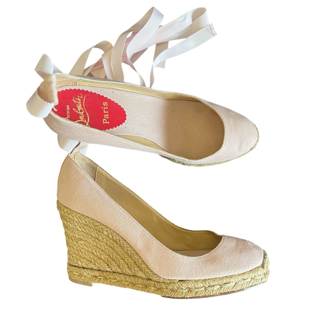 Christian Louboutin Formentera Pink Canvas Espadrille Wedge with Rope Platform